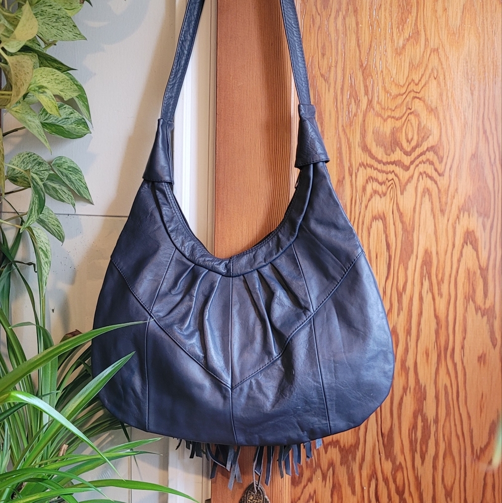 Vintage Blue Leather Fringe Shoulder Bag - Picture 7 of 14